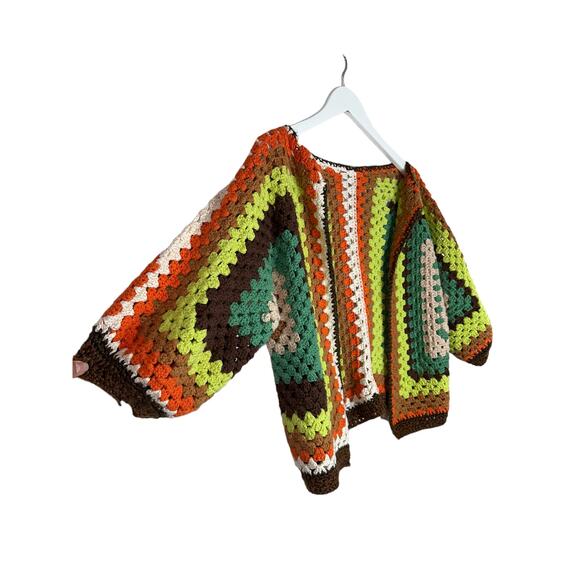 Hand Crochet Hexagon Green Brown 70's Style Crop Cardigan 3/4/ Sleeve Medium - Picture 3 of 9